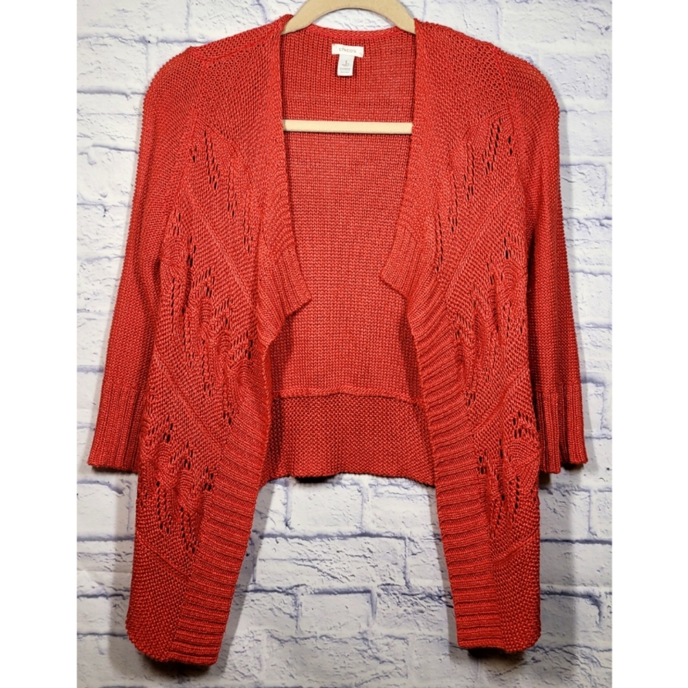 Chico's Knit Cardigan Sweater Size M Coral Open Front 3/4 Sleeve Office Casual